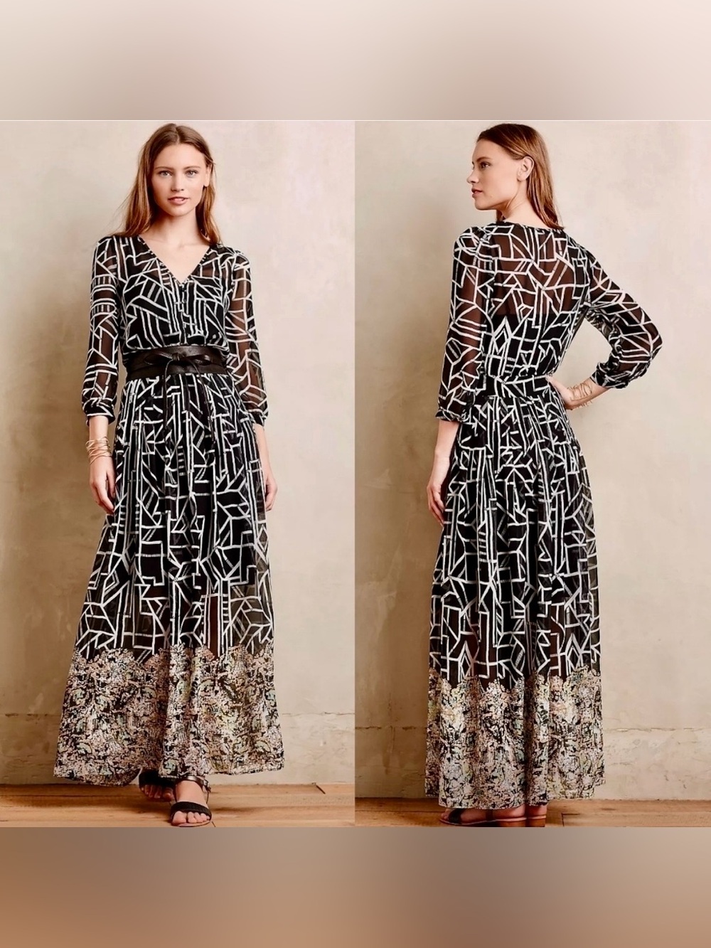 Anthropologie Moulinette Soeurs Black & White Geometric Maxi w Patterned Hem